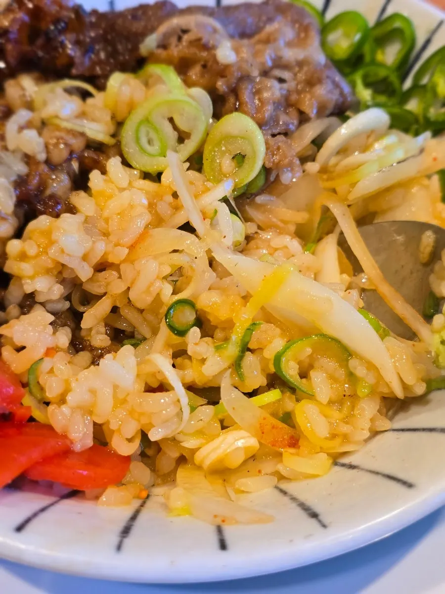 A spoonful of rice and meat from the hormone-don