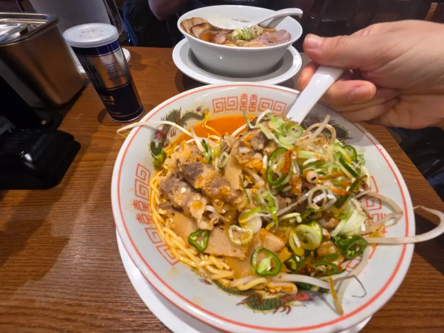 Beef tripe piled on top of the motsu ramen