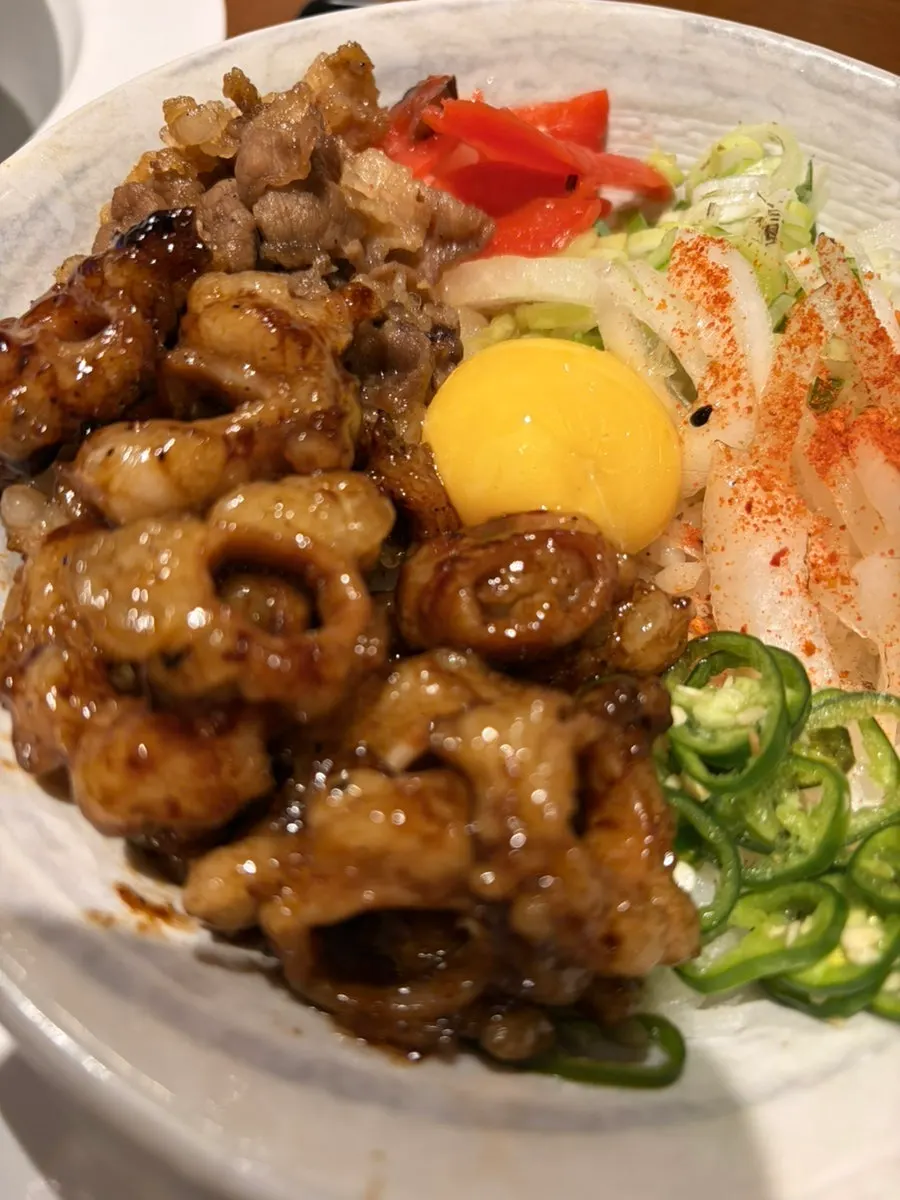 Close-up of hormone-don with beef intestine over rice