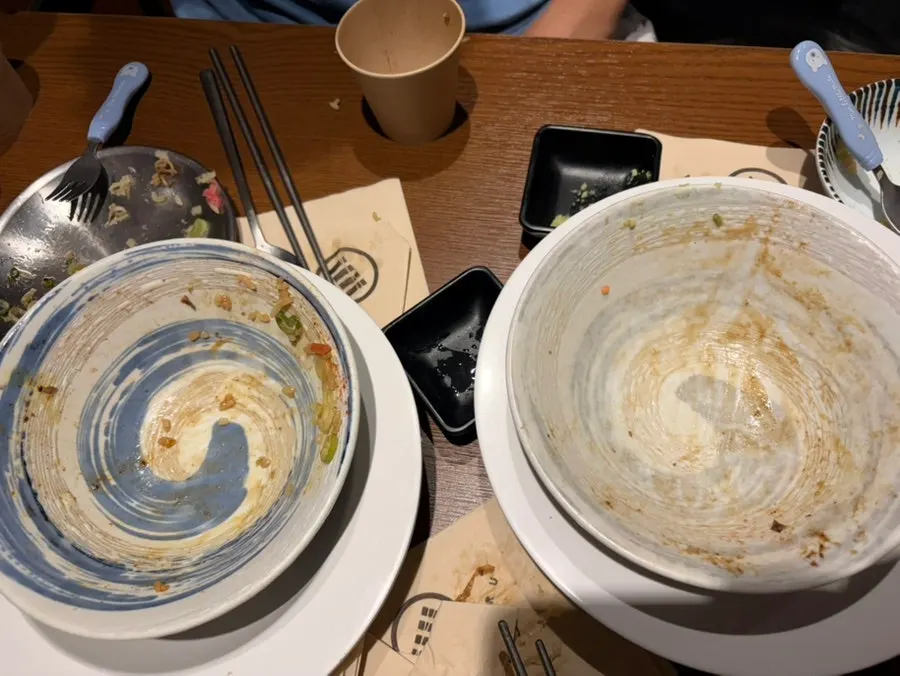 Finished plates after sharing all three dishes
