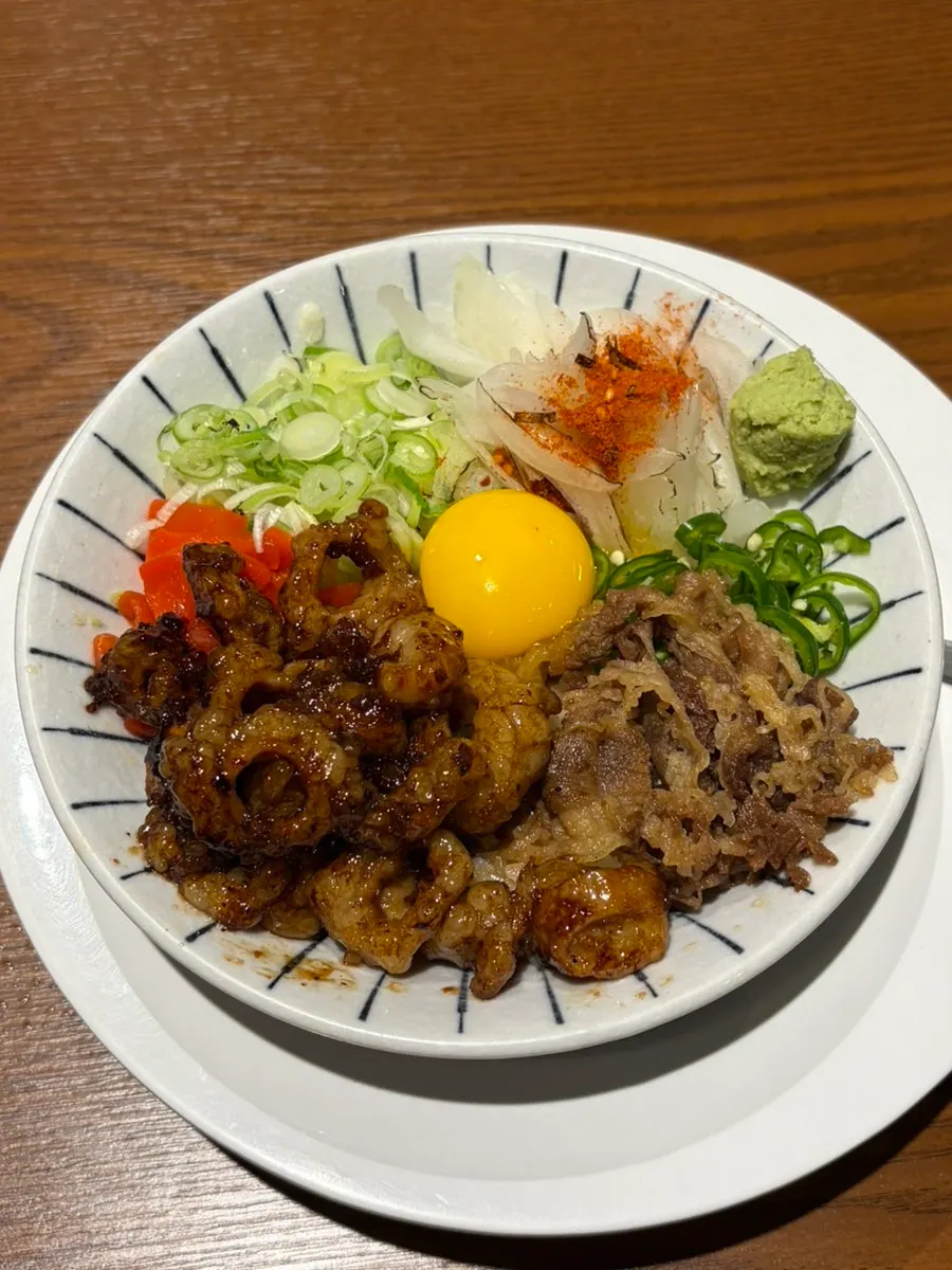 Hormone-don topped with beef intestine and beef brisket