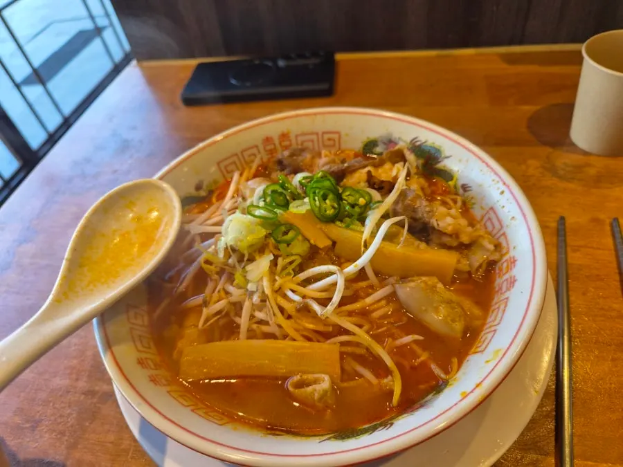 Motsu ramen topped with beef tripe and beef short rib