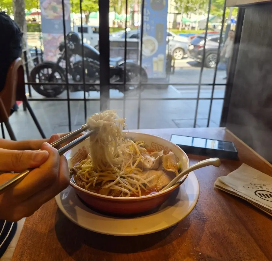 Close-up of tripe pieces in motsu ramen
