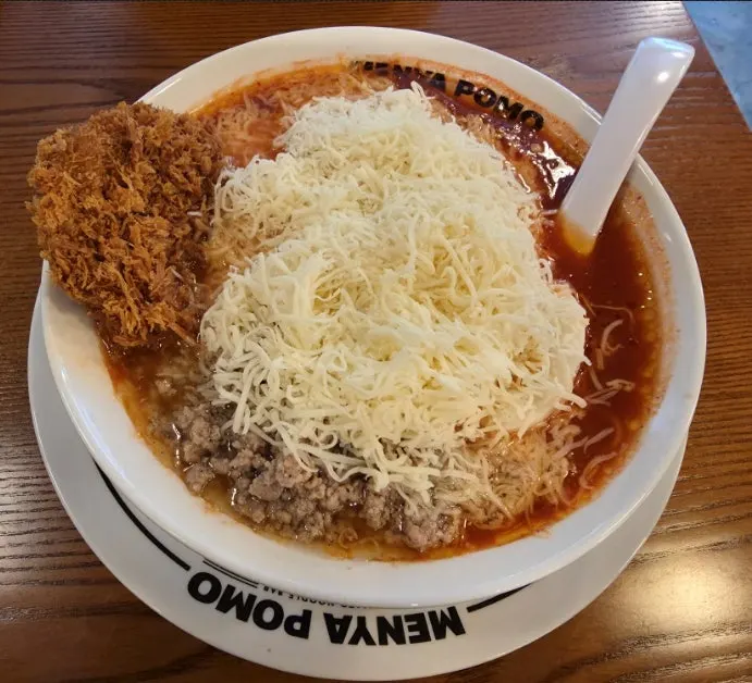 Close-up of cheese Hanwoo katsu tomato ramen