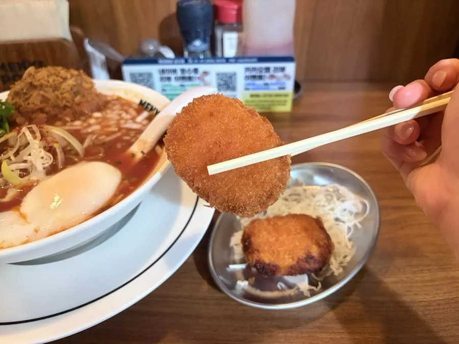 Potato croquettes and Indian Tomato Ramen served together