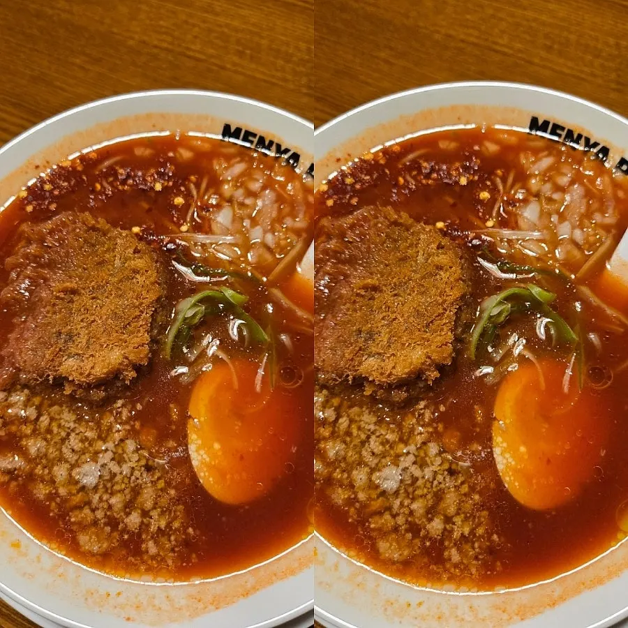 Table with beef cutlet ramen, beef mince cutlet set, and side dishes