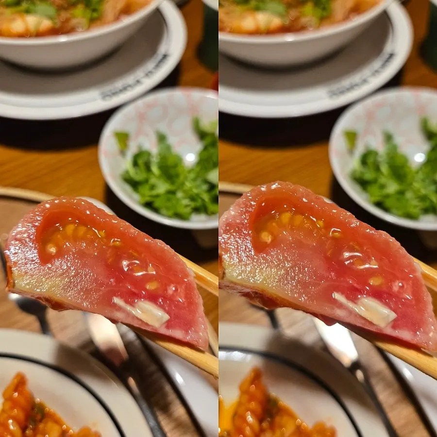 Real tomato salad served alongside the cutlet dishes