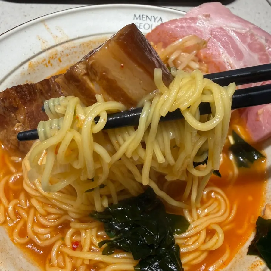 Close-up of the spicy ramen broth