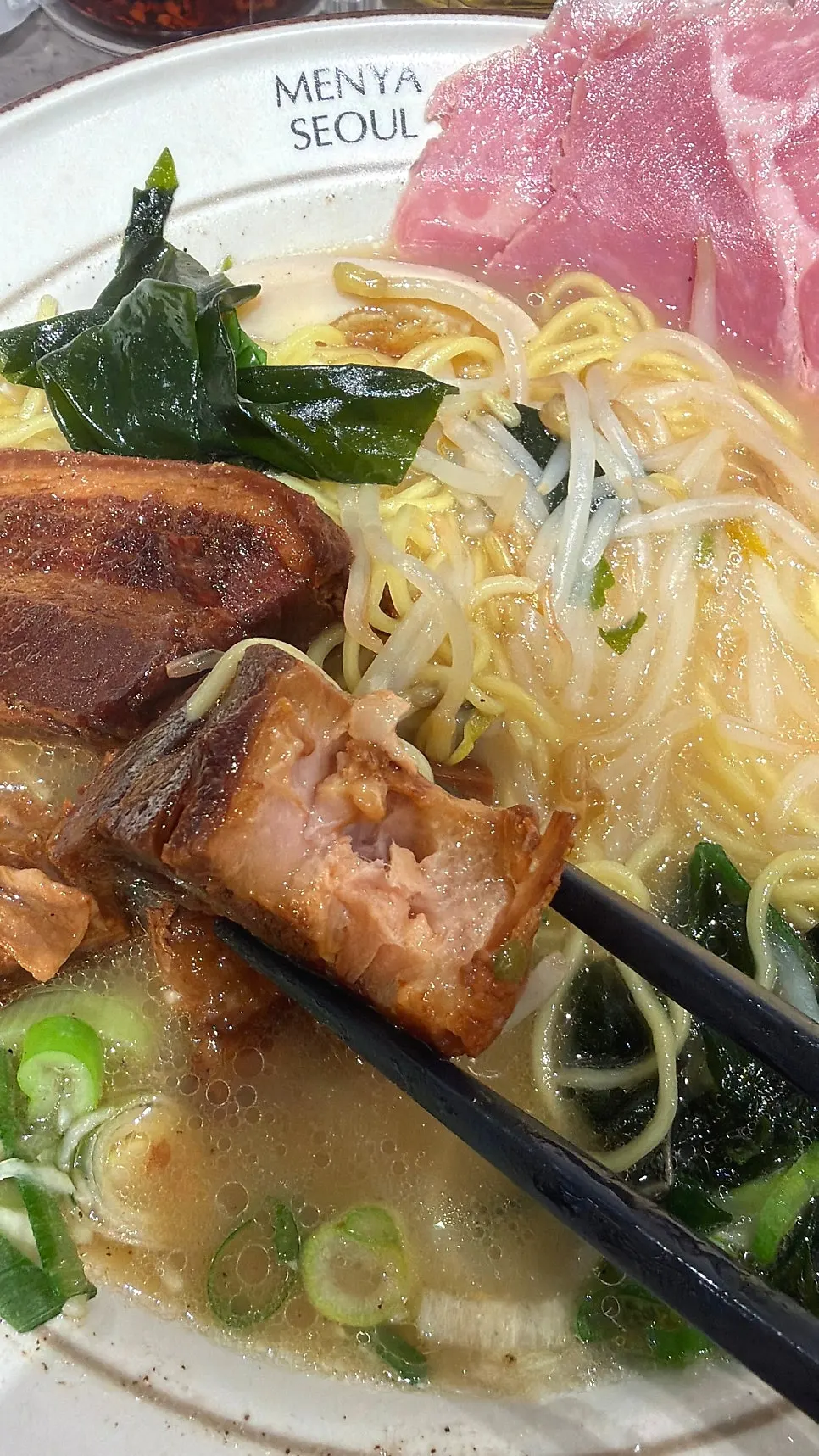 Inside the ramen showing double portion of dongpo pork