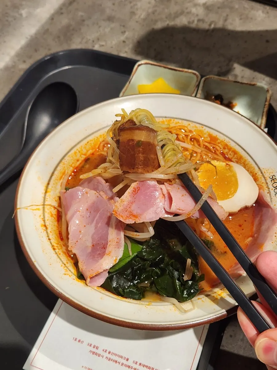 Broth and noodles of the spicy dongpo pork ramen