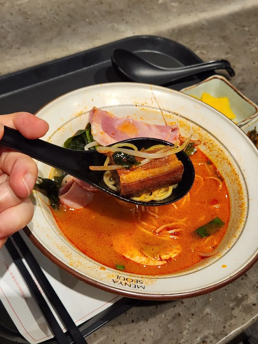 Close-up of the spicy broth ramen