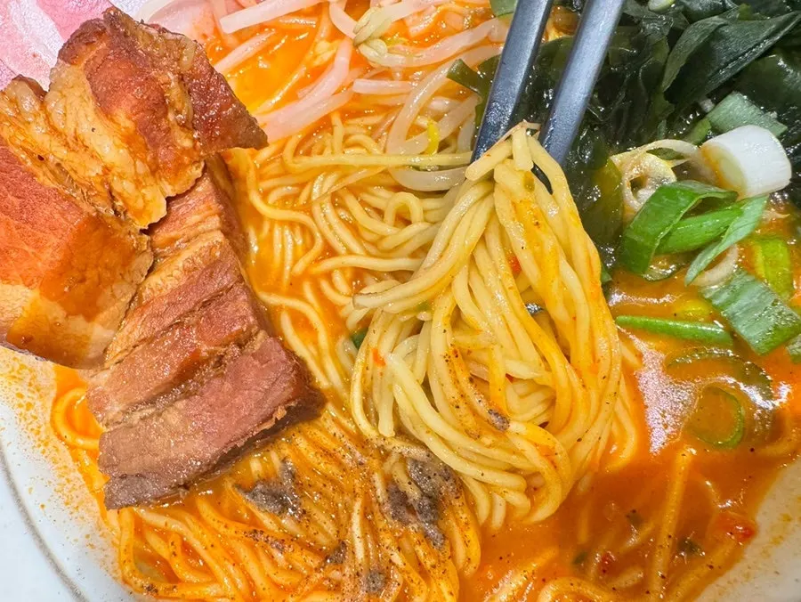 Reddish spicy broth dongpo pork char siu ramen