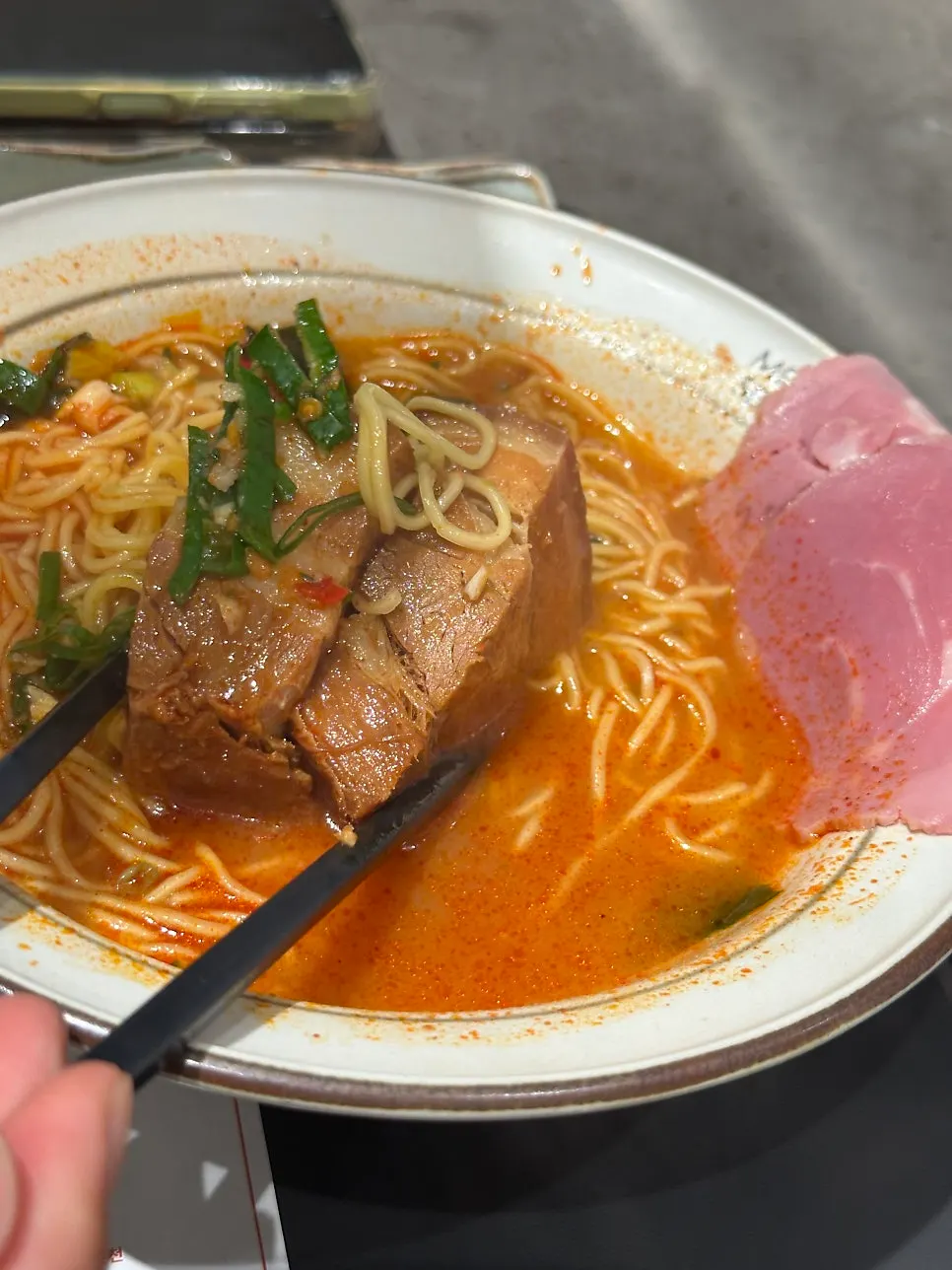 Two thickly sliced pieces of dongpo pork