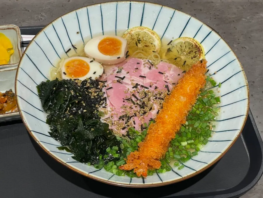 A bowl of king shrimp cold ramen with chewy noodles