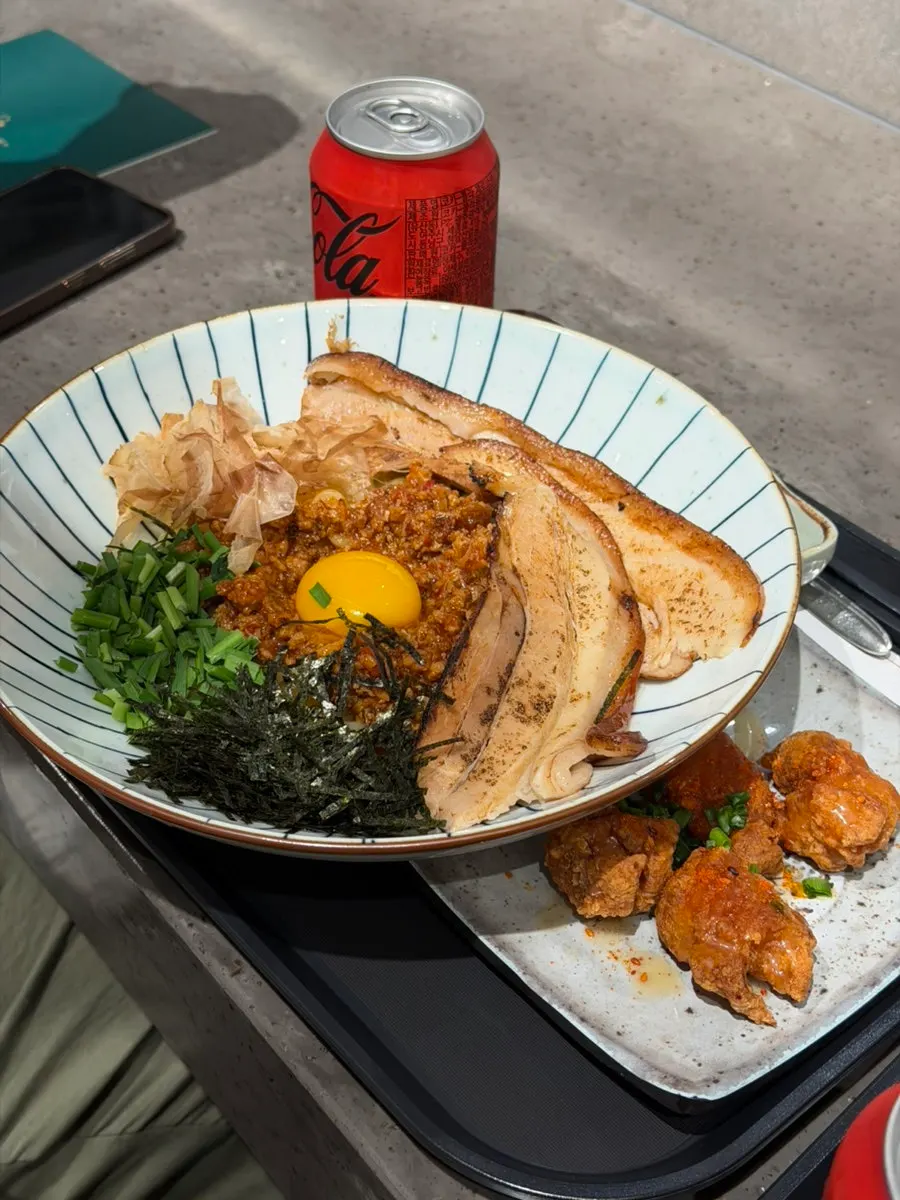 Mazesoba piled high with pork belly