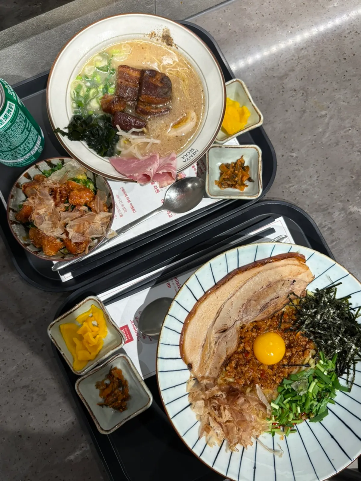 Dongpo pork char siu ramen set and pork belly mazesoba laid out together