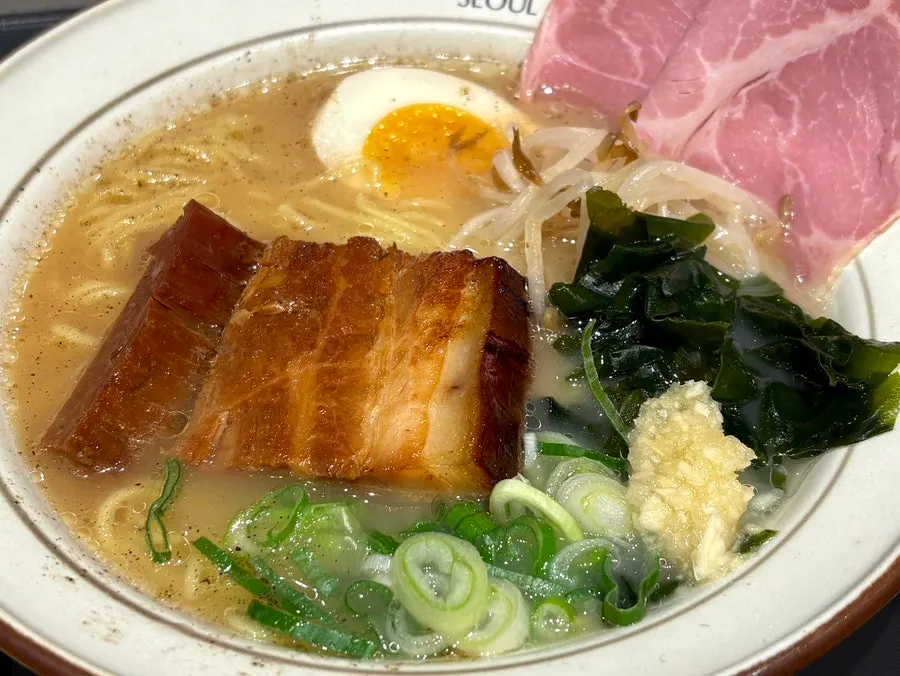 Close-up of the red mala broth ramen soup