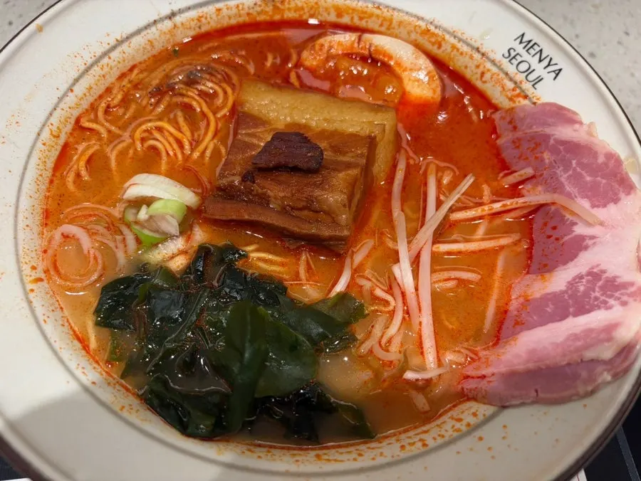 Spicy dongpo pork char siu ramen with red broth