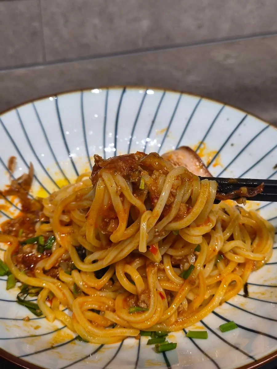 Close-up of mixed pork belly mazesoba