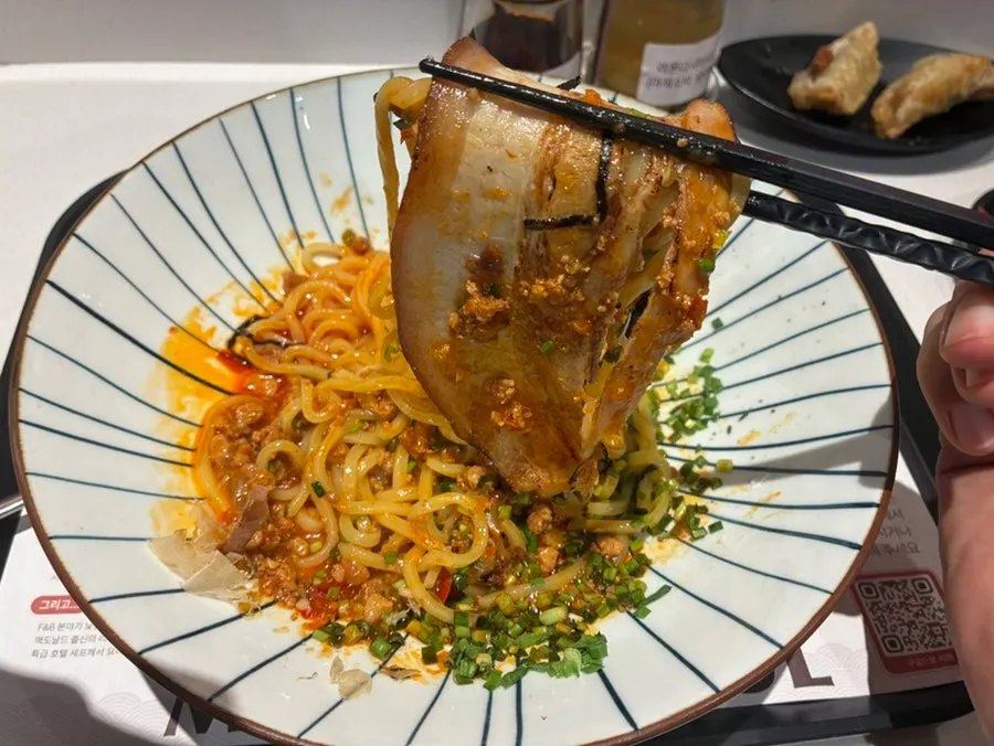 Pork belly mazesoba noodles mixed well with the sauce