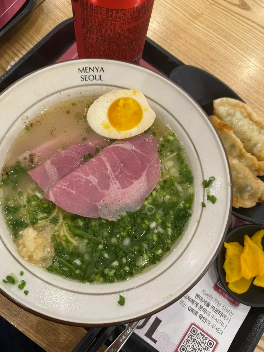 Close-up of pale tonkotsu broth ramen