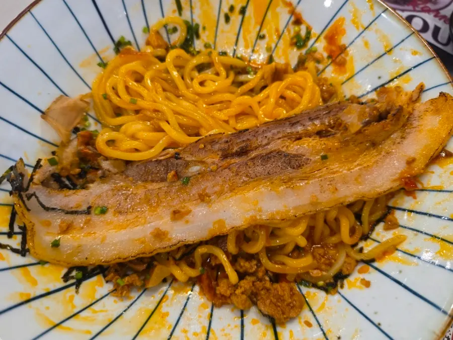 Pork belly mazesoba noodles mixed with the seasoning