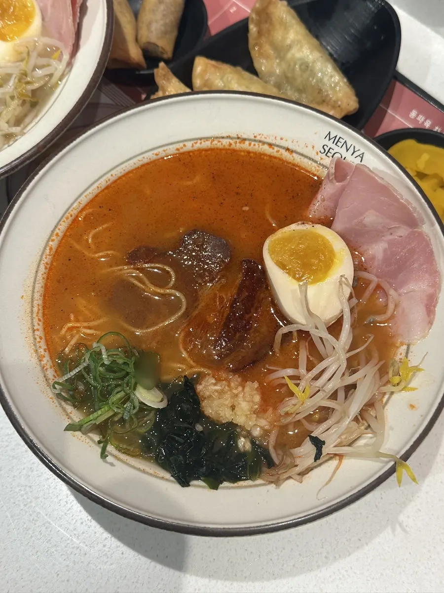 Full spread of the dongpo pork chashu ramen double set