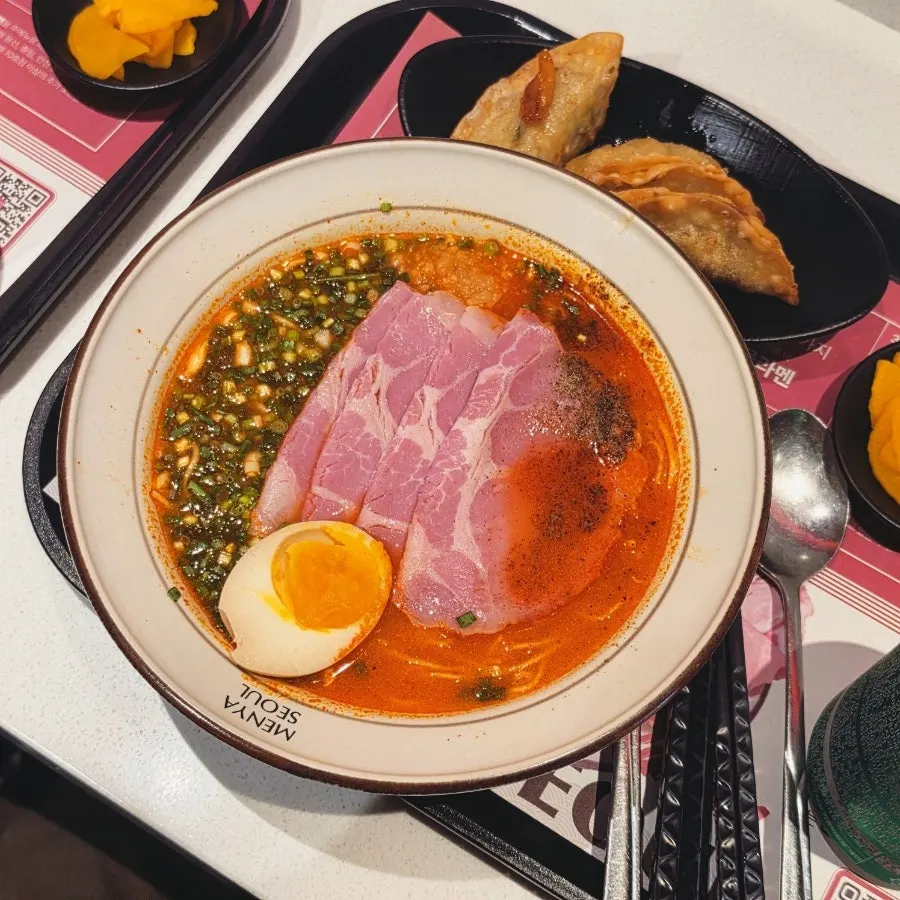 Close-up of the rich broth in the dongpo pork chashu ramen