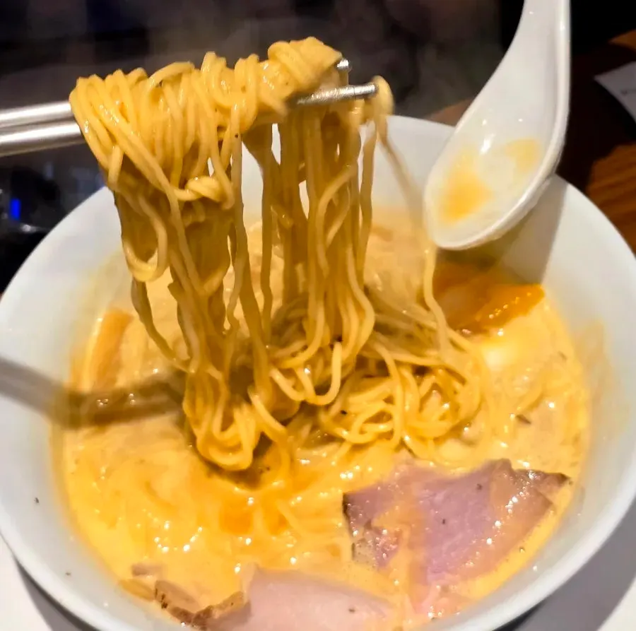 Noodles coated in rich chicken broth