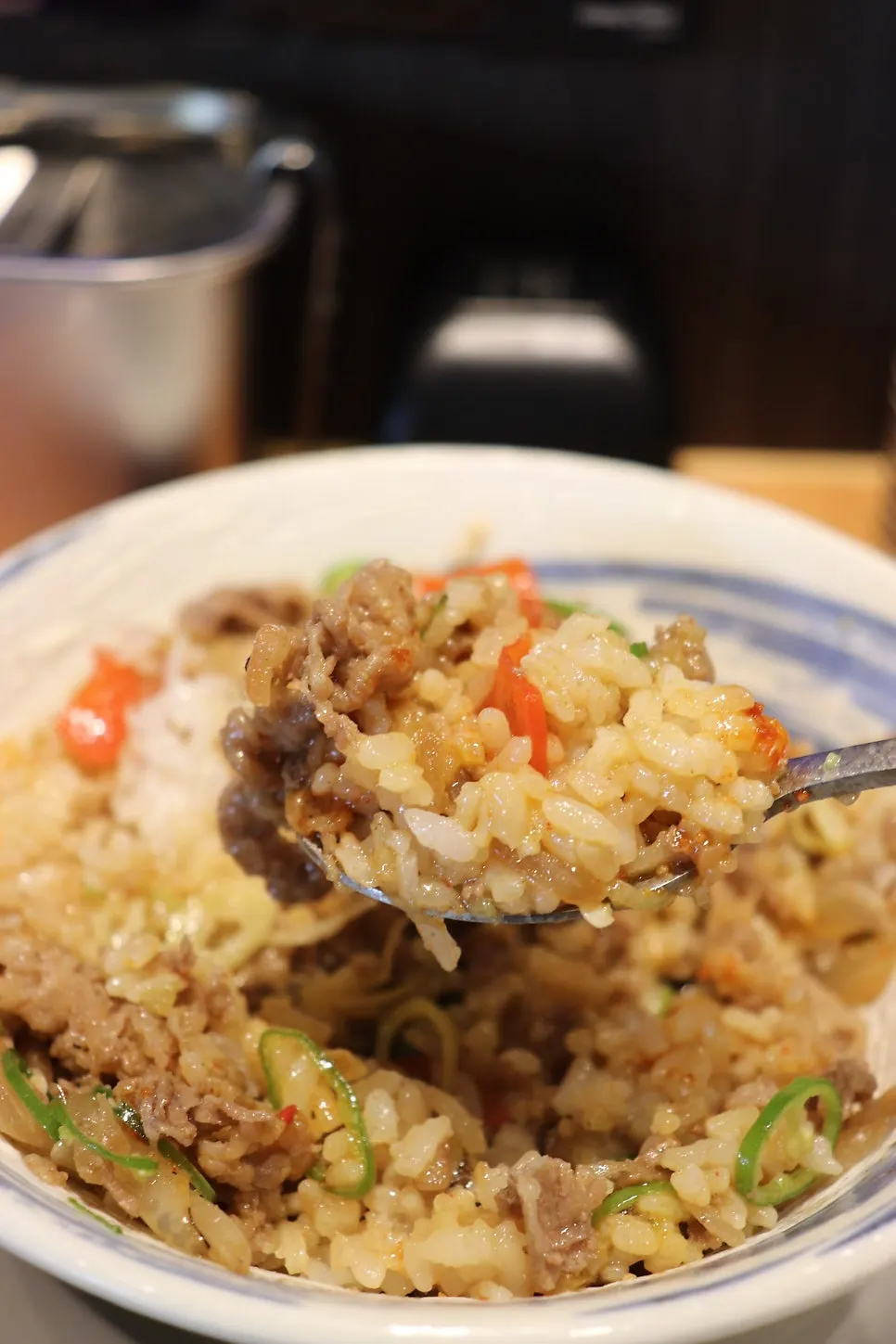 Gyudon showing the fluffy rice underneath