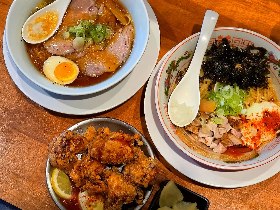 Full spread of shoyu ramen, abura soba, and karaage