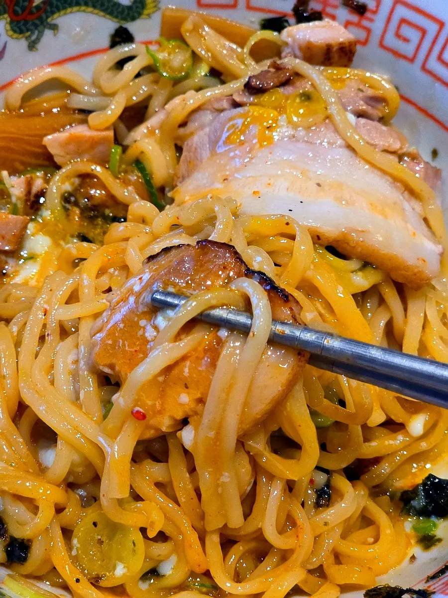 Tender chashu on top of the abura soba