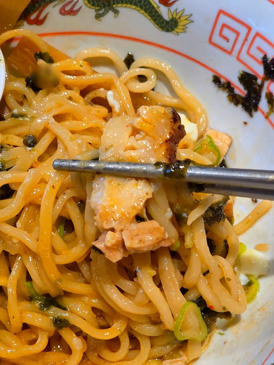 Abura soba mixed with poached egg yolk