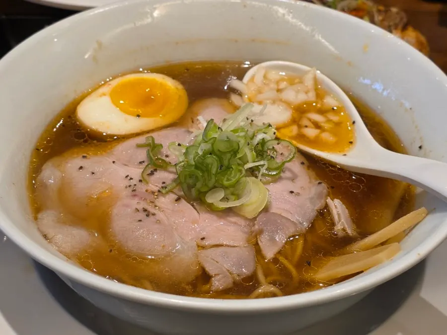 A bowl of Mentsuru's spicy shoyu ramen