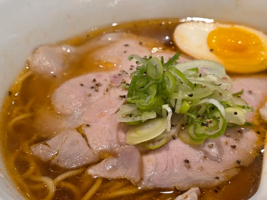 Ramen visual with chashu, egg and green onion on top