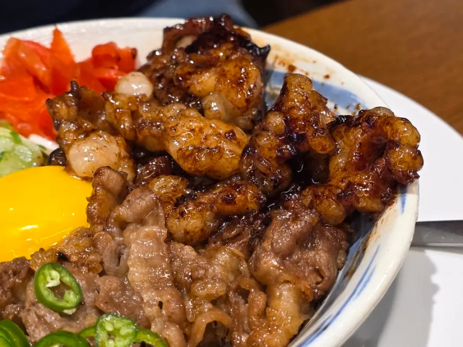 Hormone-don rice bowl mixed with a burst egg yolk