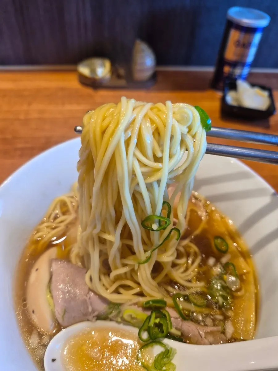 Lifting up noodles and toppings from the shoyu ramen
