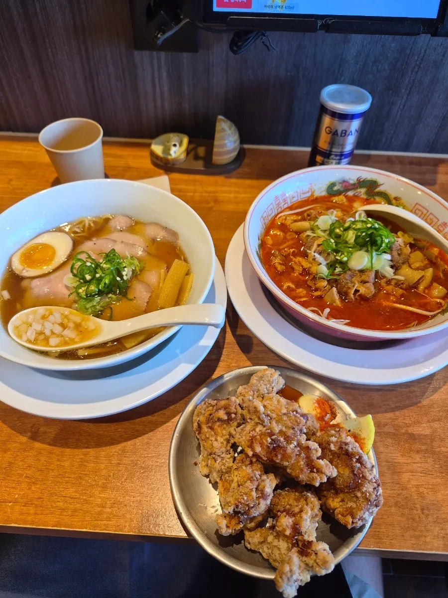 Two bowls of ramen paired with karaage