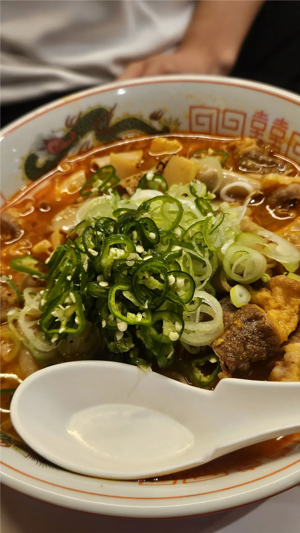 Motsu ramen topped with beef tripe and mung bean sprouts