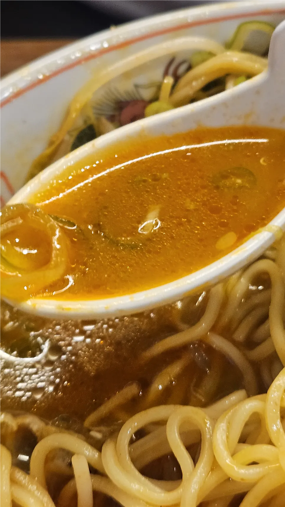 Close-up of the spicy motsu ramen broth
