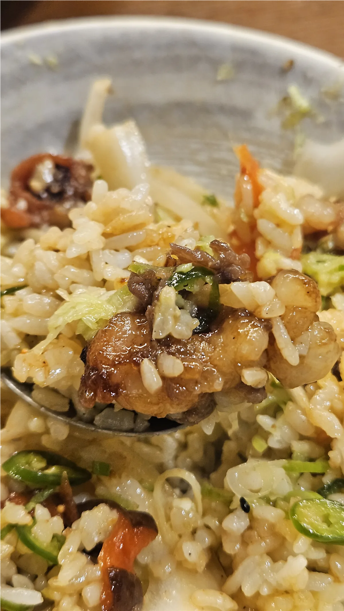 A spoonful of the mixed hormone-don beef intestine rice bowl