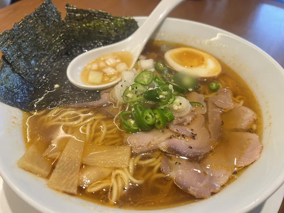 Spicy shoyu ramen made with a clam and chicken broth base