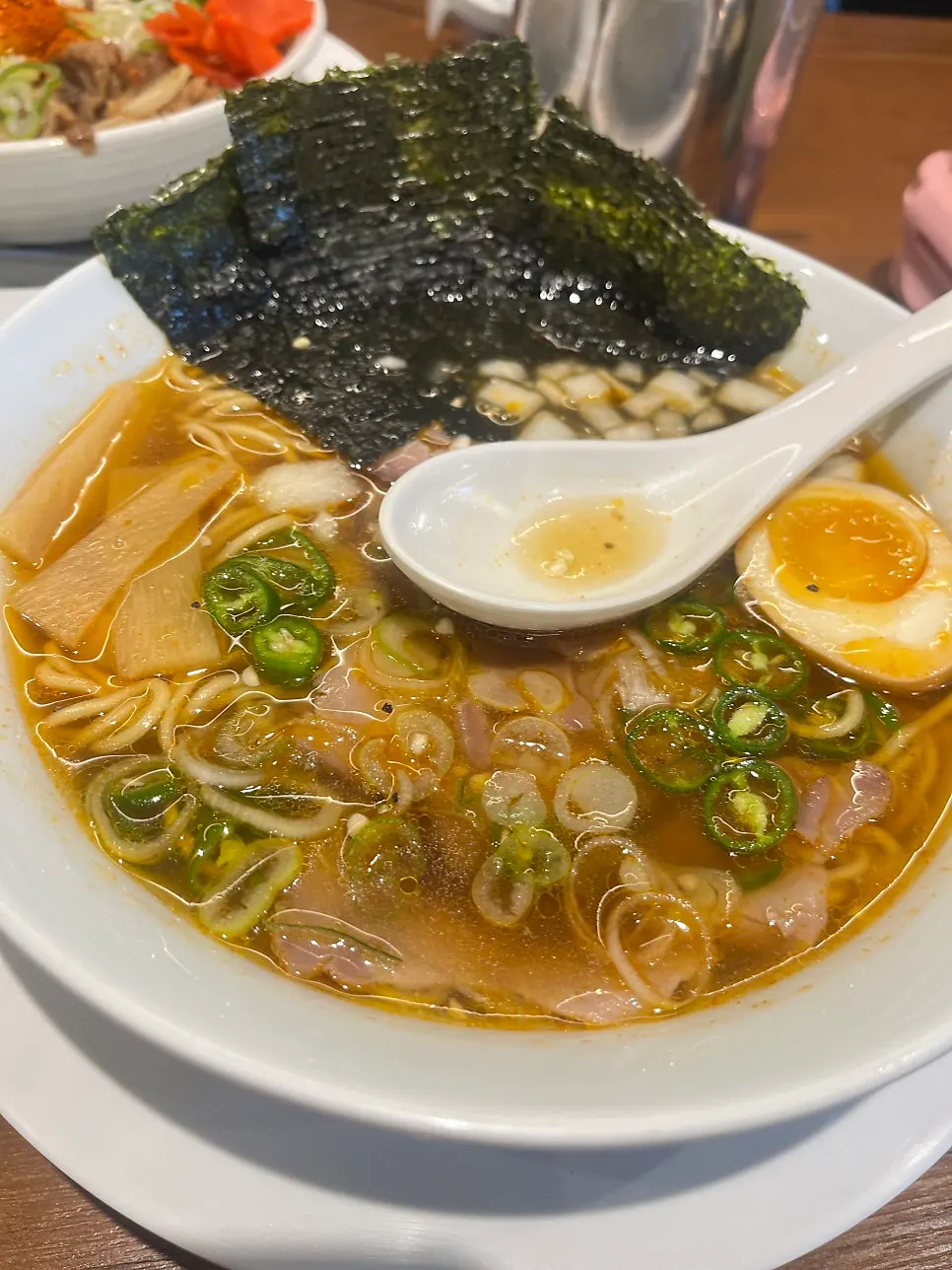Broth and noodles of the spicy shoyu ramen