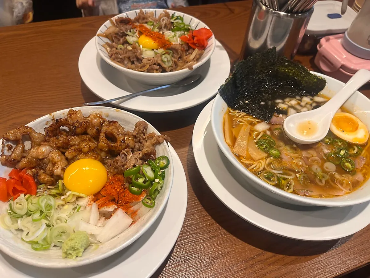Table set with ramen and rice bowl dishes together
