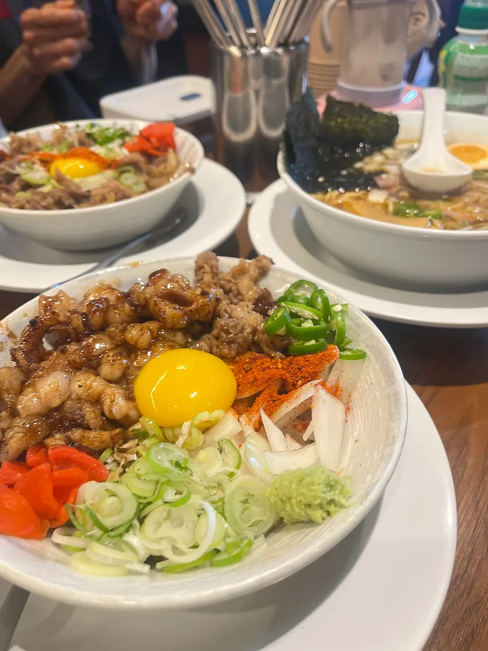 Finished bowls of ramen and rice bowls after the meal