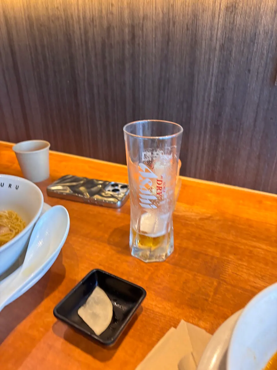 A bowl of Mentsuru ramen midway through eating