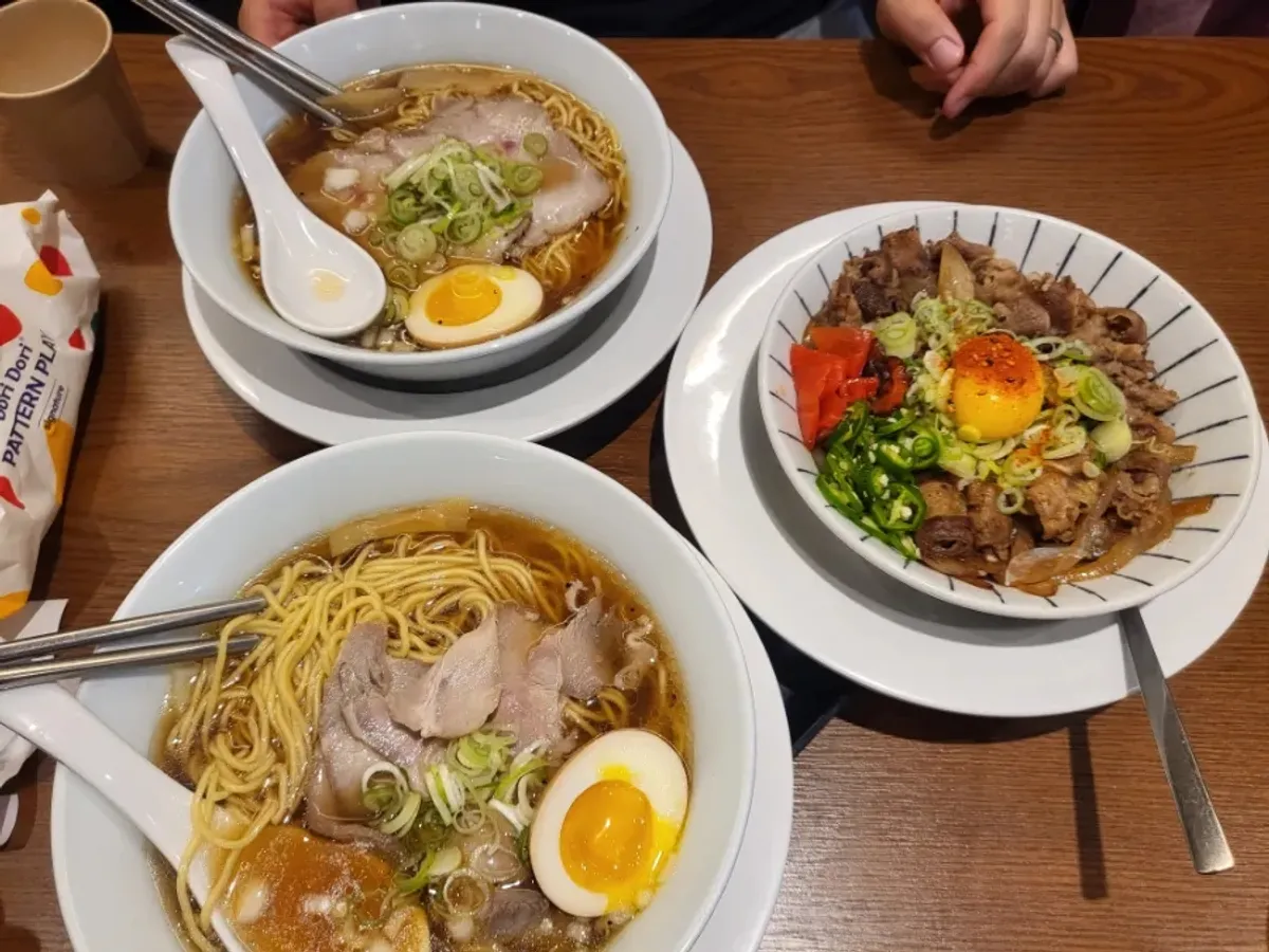 Ramen and gyudon spread at Mentsuru Children's Grand Park Branch