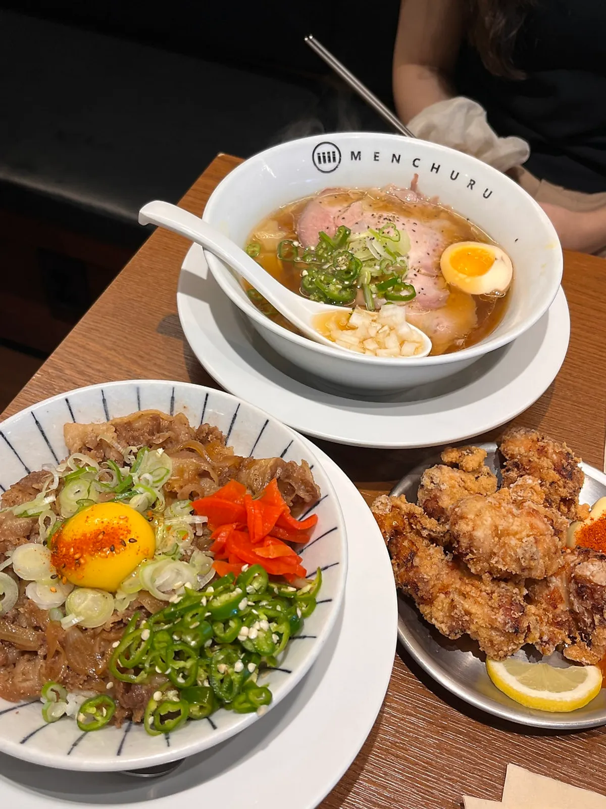 Full spread of shoyu ramen, gyudon, and karaage