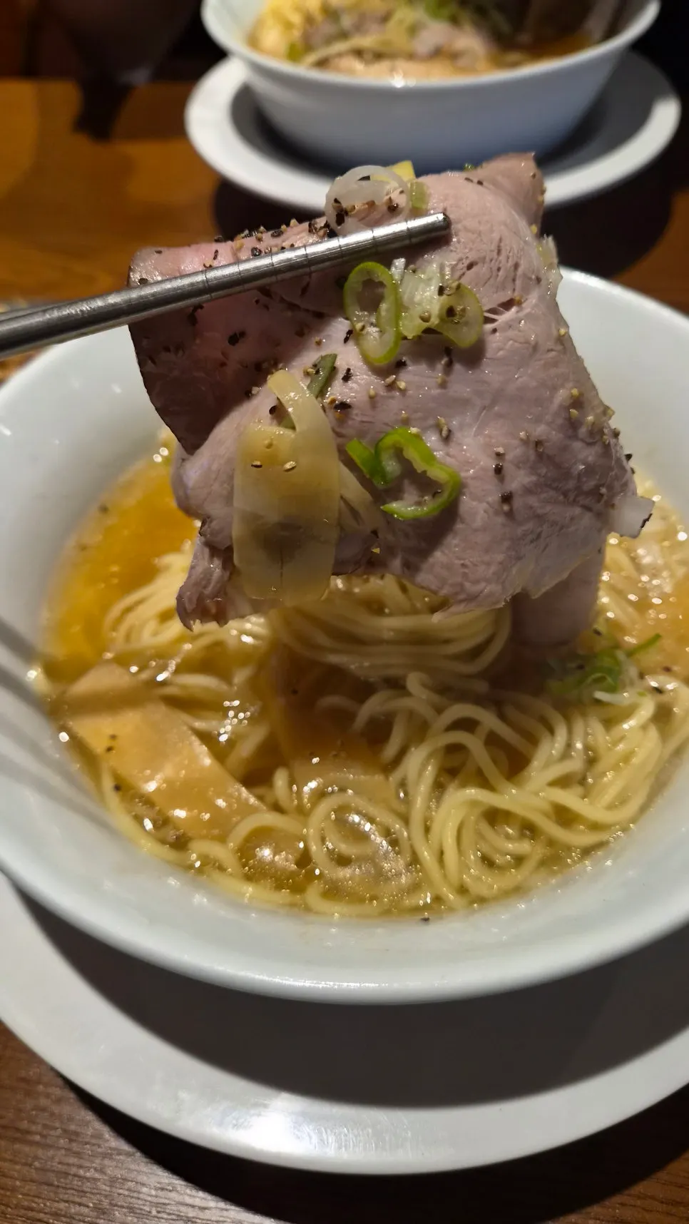 Close-up of the mild shio ramen noodles and broth