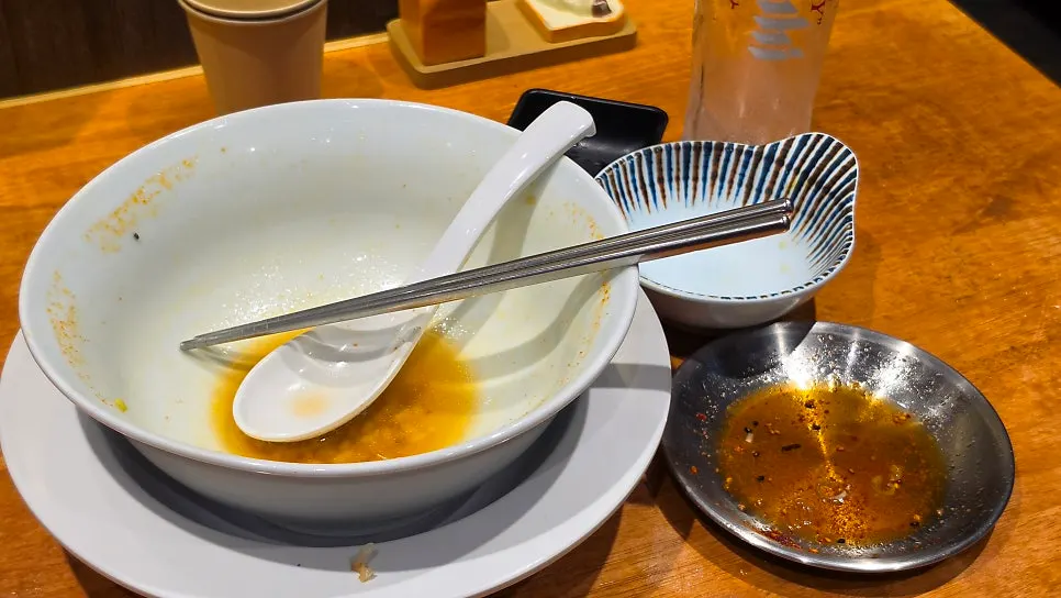 Wide shot of a bowl of Mentsuru ramen